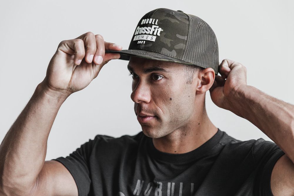 NOBULL Crossfit Games® 2021 Flat-Brim Trucker Hats - Army Green Camo - Ireland (7584PFIQV)